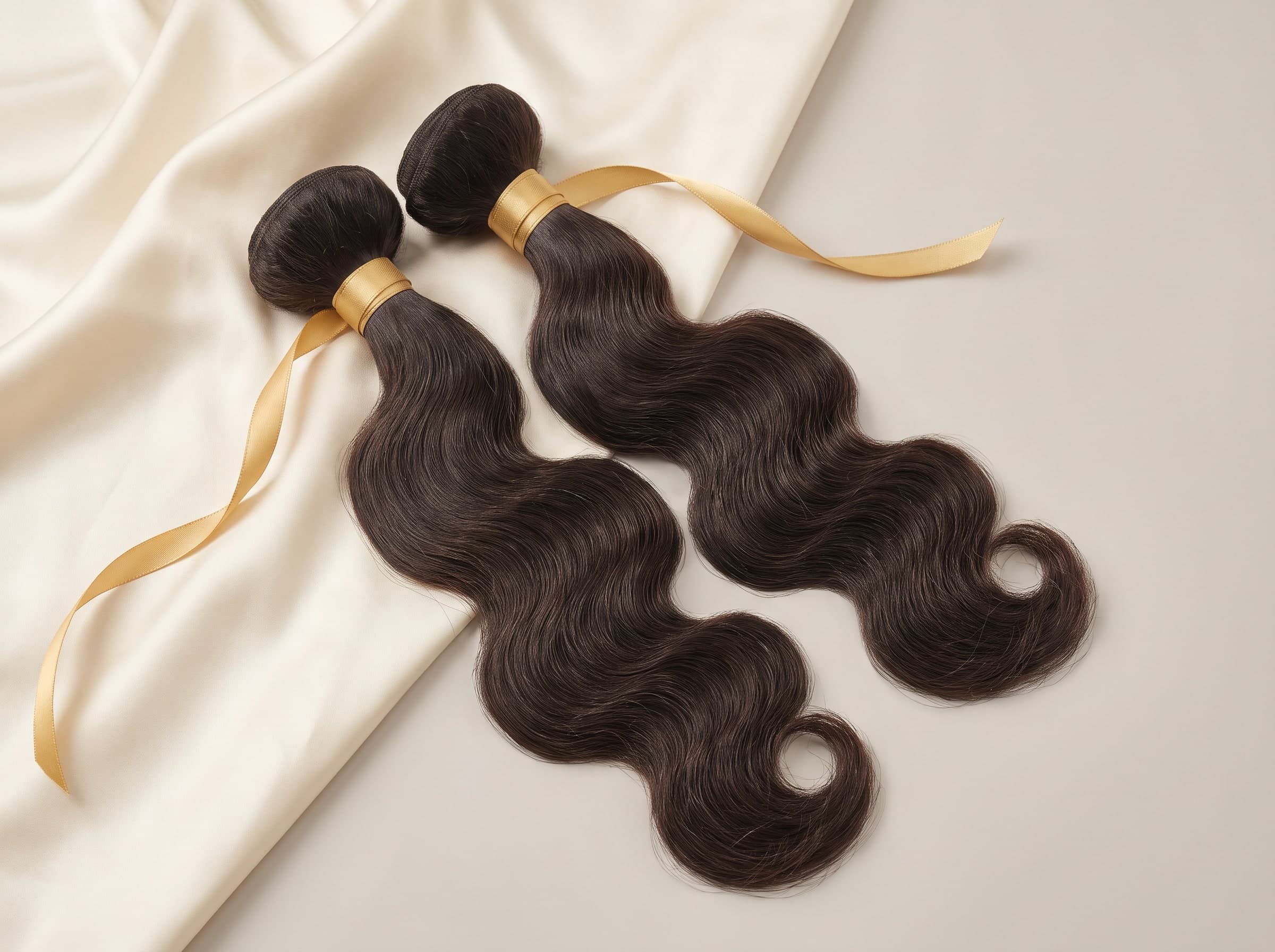 Zwei gewellte dunkelbraune Haarbündel mit Goldband auf hellem Satin